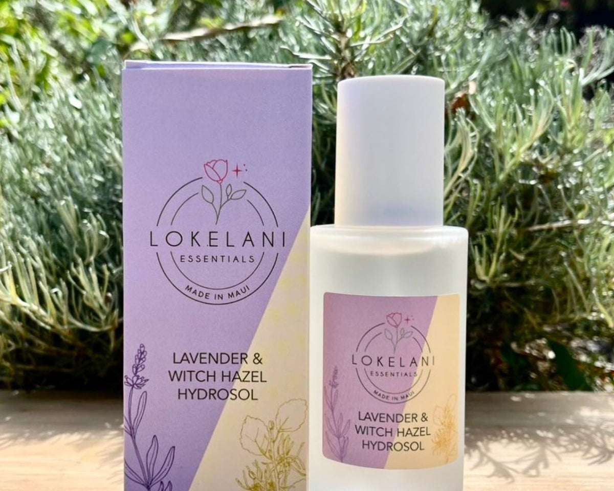 A bottle and box of LOKELANI ESSENTIALS Lavender & Witch Hazel Hydrosol, set against a natural background of green foliage.
